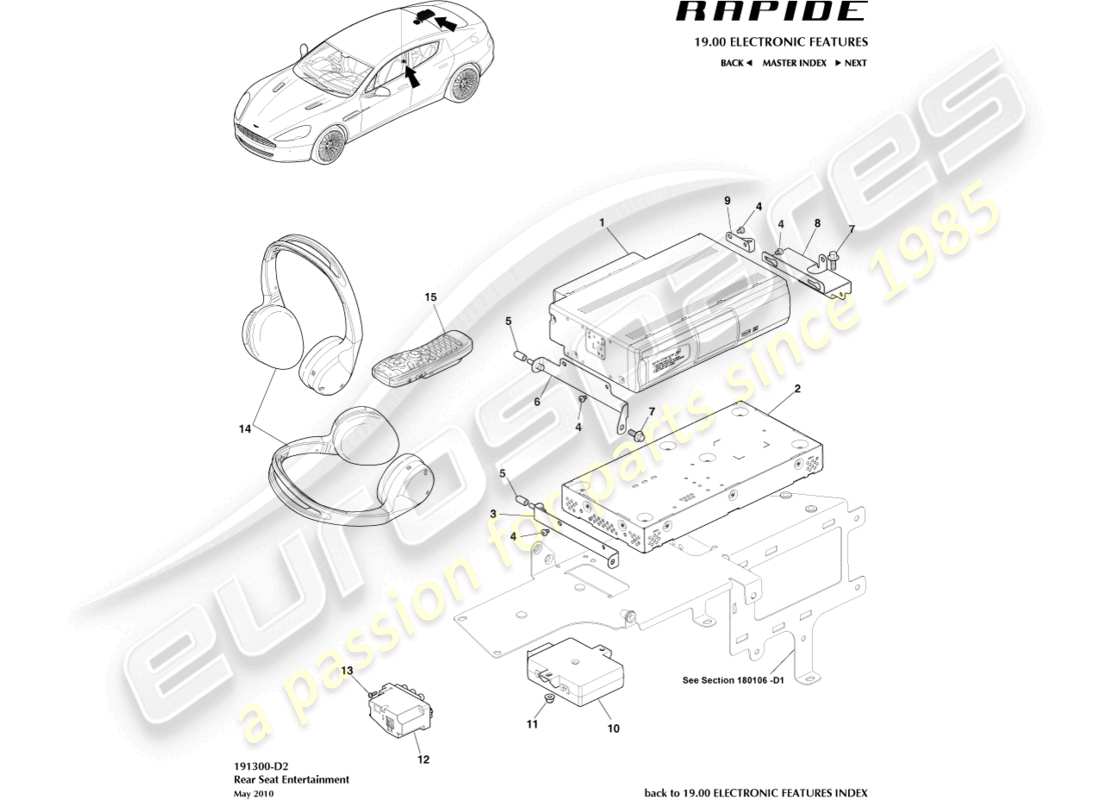 aston martin rapide (2012) diagramma delle parti dell'intrattenimento per i sedili posteriori