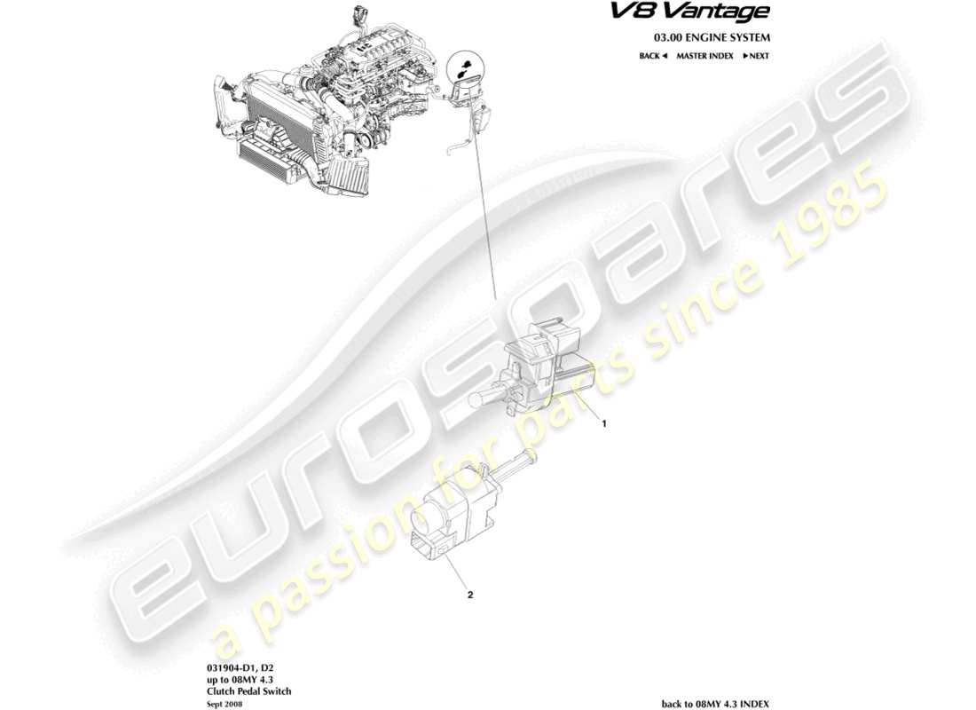 aston martin v8 vantage (2012) diagramma delle parti dell'interruttore del pedale della frizione