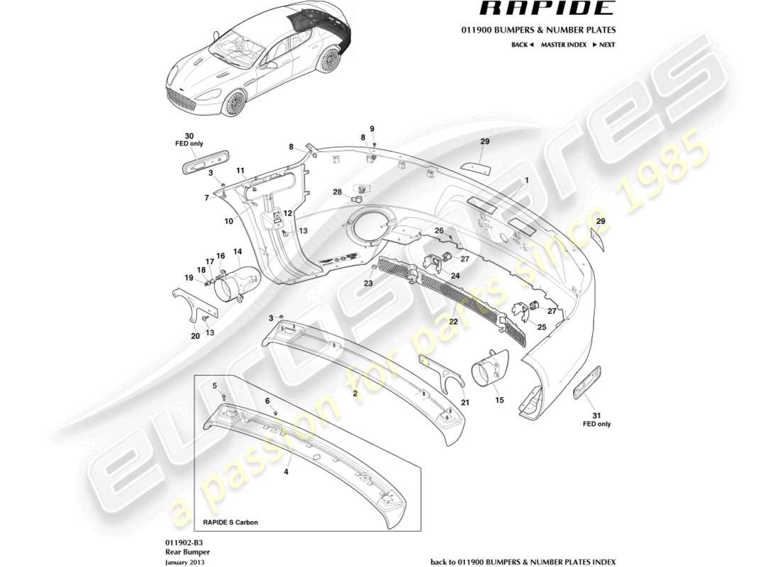 aston martin rapide (2012) schema delle parti paraurti posteriore