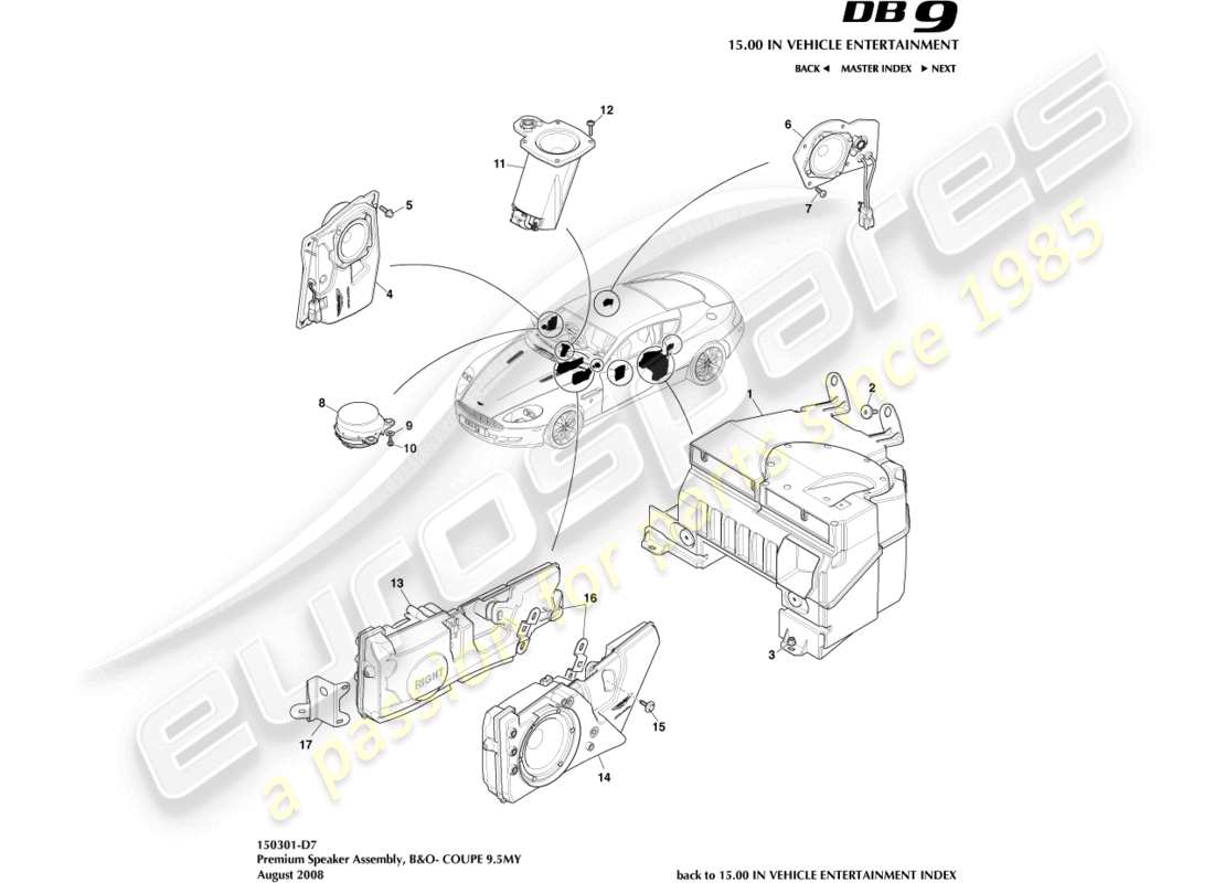 aston martin db9 (2007) altoparlante, premium, diagramma delle parti coupé