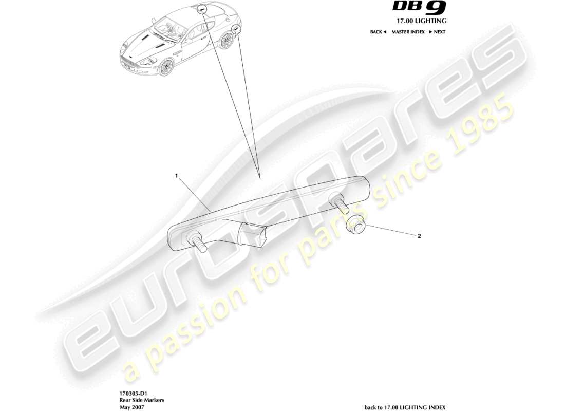aston martin db9 (2007) diagramma delle parti degli indicatori laterali posteriori