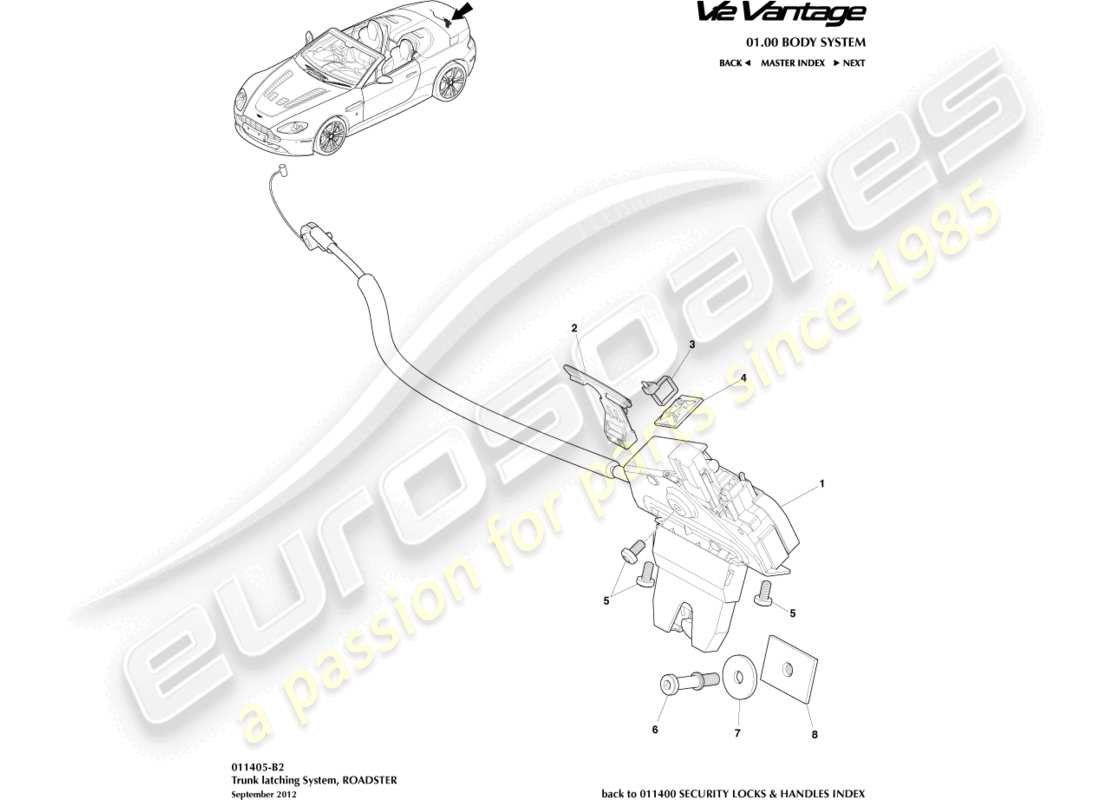 aston martin v12 vantage (2010) sistema di chiusura del bagagliaio, diagramma delle parti della roadster
