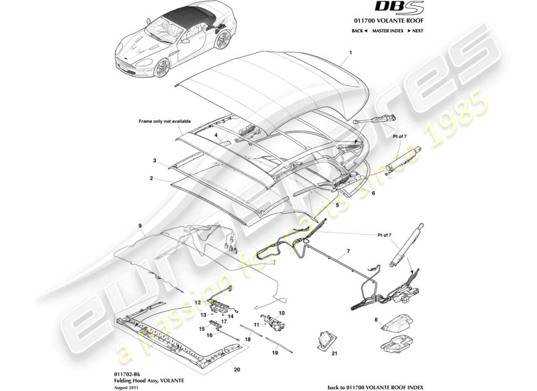 aston martin dbs (2009) assemblaggio tetto volante diagramma delle parti