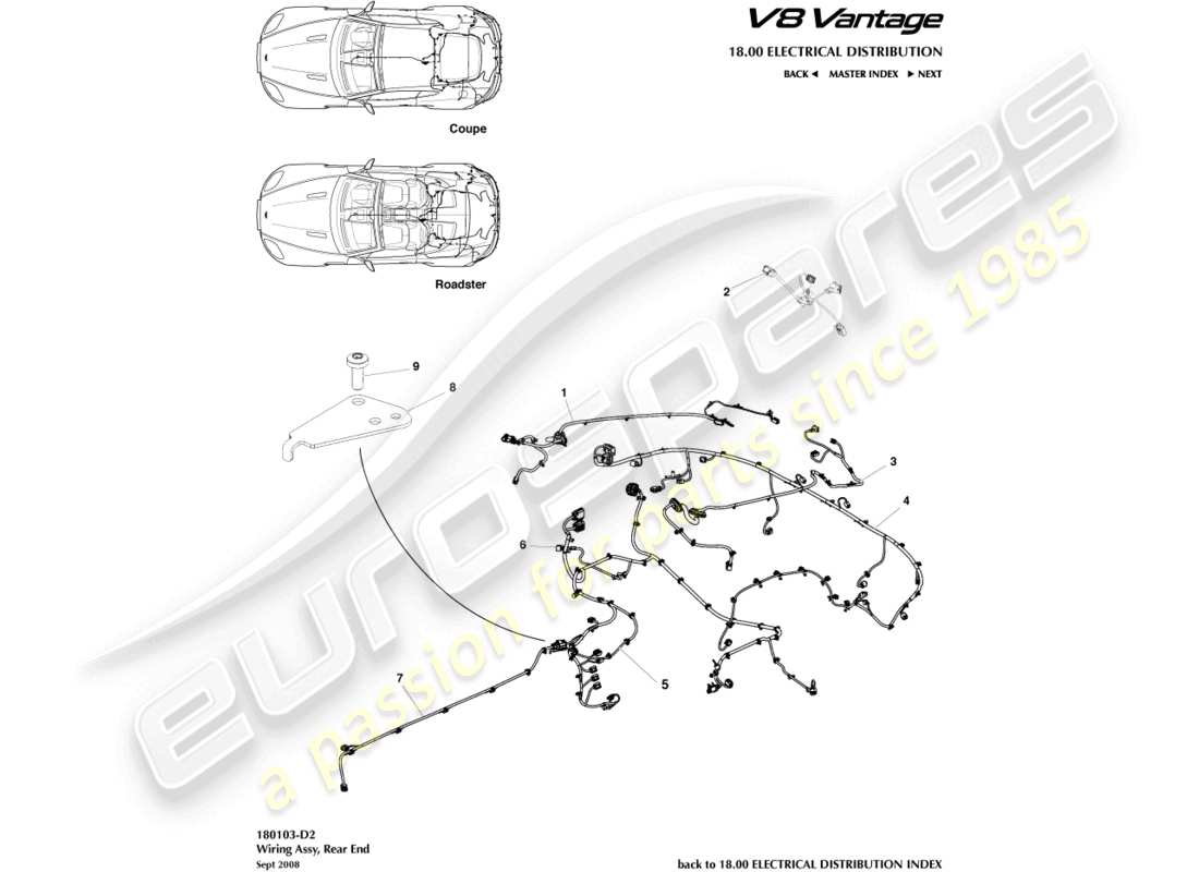 aston martin v8 vantage (2006) diagramma delle parti del cablaggio dell'estremità posteriore