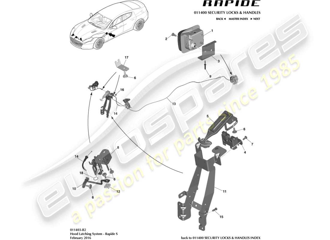 aston martin rapide (2016) sistema di chiusura del cofano, s diagramma delle parti