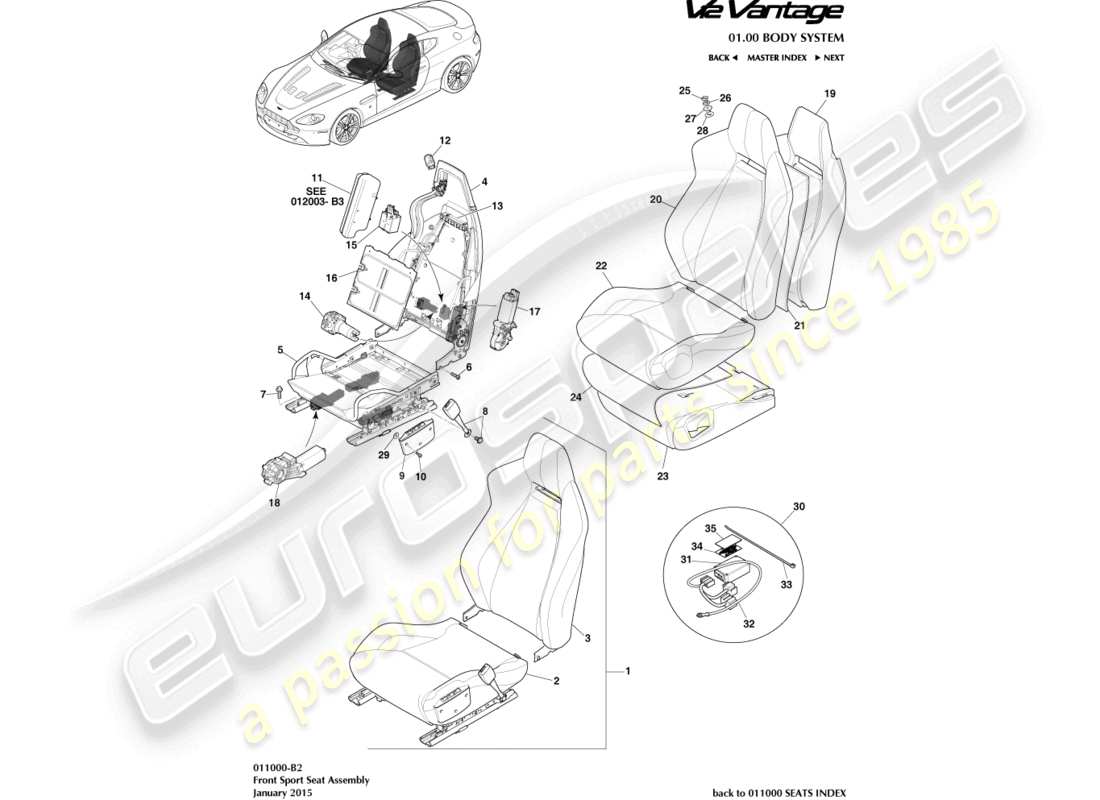 aston martin v12 vantage (2010) schema delle parti del sedile sportivo anteriore