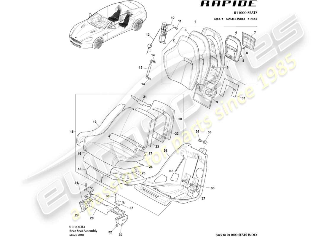 aston martin rapide (2019) sedili posteriori schema delle parti