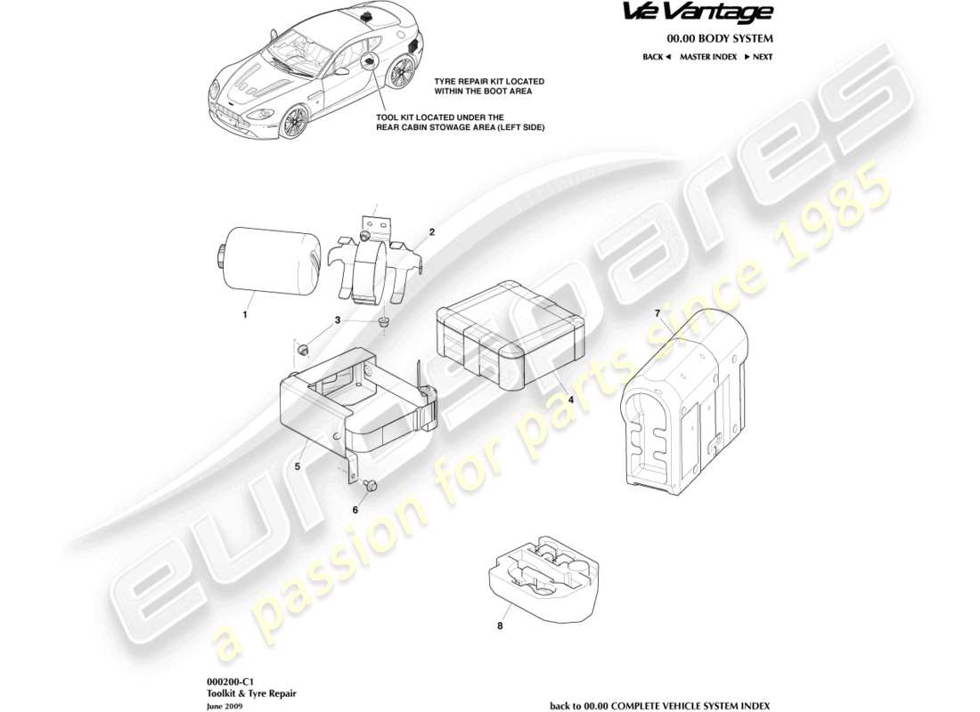 aston martin v12 vantage (2010) diagramma delle parti dell'attrezzatura di emergenza
