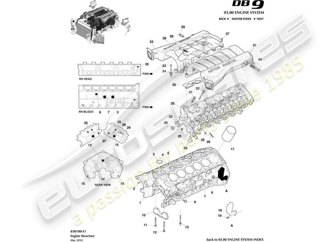 aston martin db9 (2007) diagramma delle parti della struttura del motore