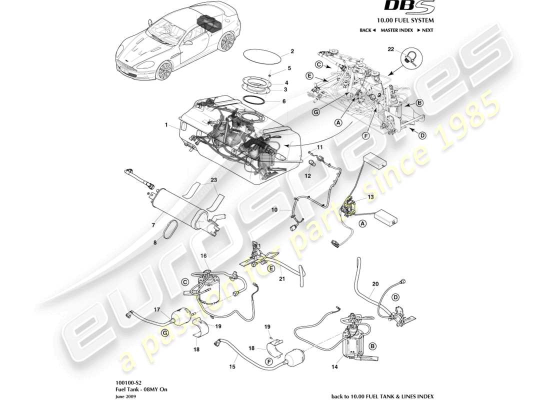 aston martin dbs (2007) kraftstofftankbaugruppe, 08my im teilediagramm