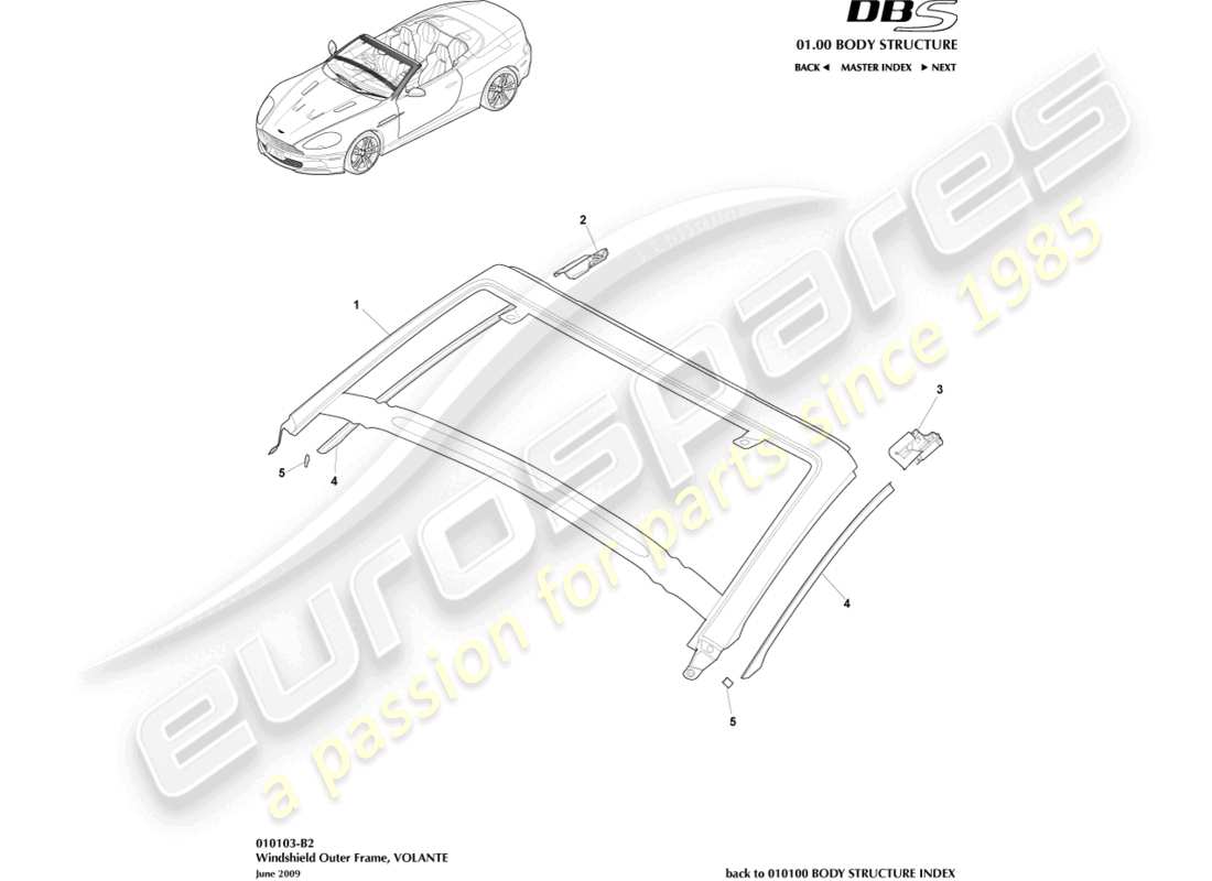 aston martin dbs (2011) parabrezza, esterno, volante diagramma delle parti