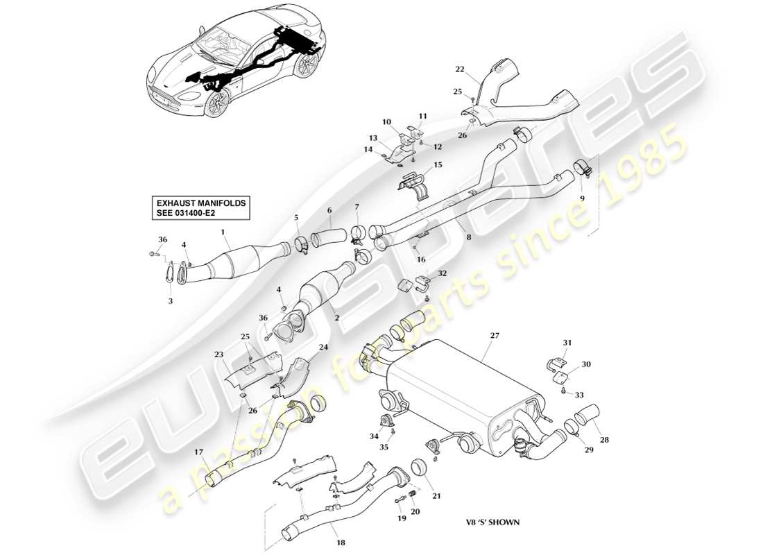 aston martin v8 vantage (2007) diagramma delle parti del sistema di scarico