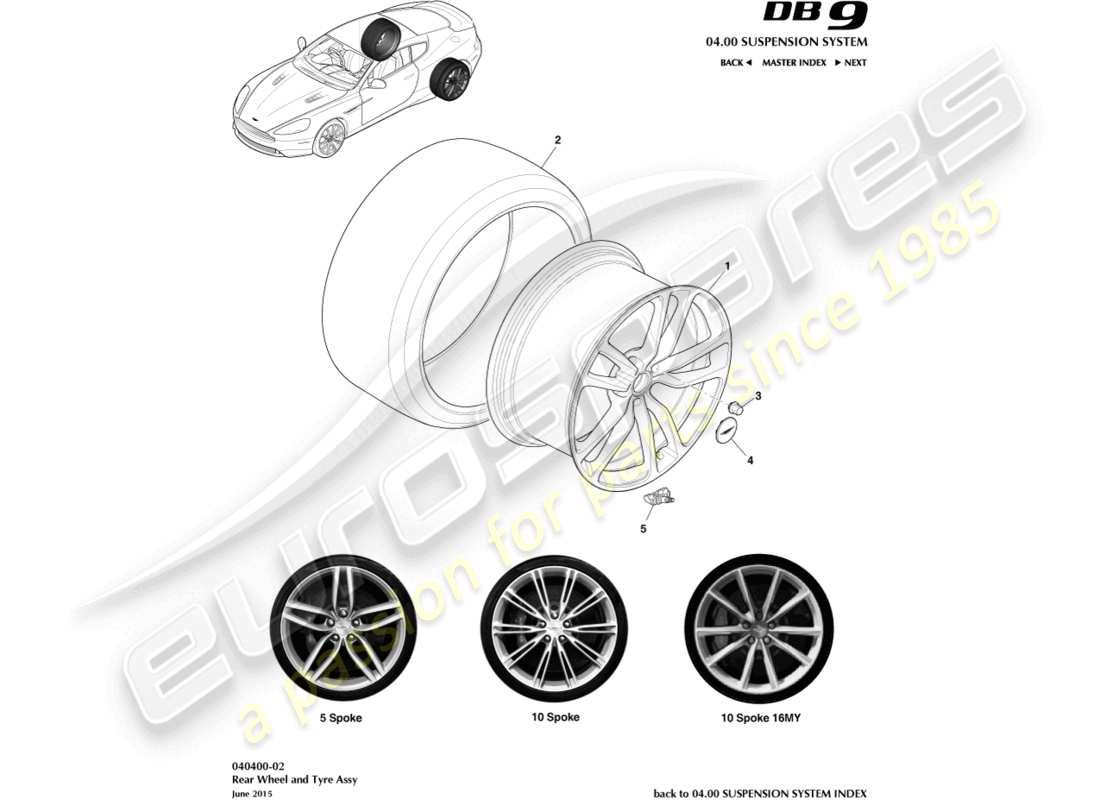 aston martin db9 (2013) ruote e pneumatici posteriori diagramma delle parti