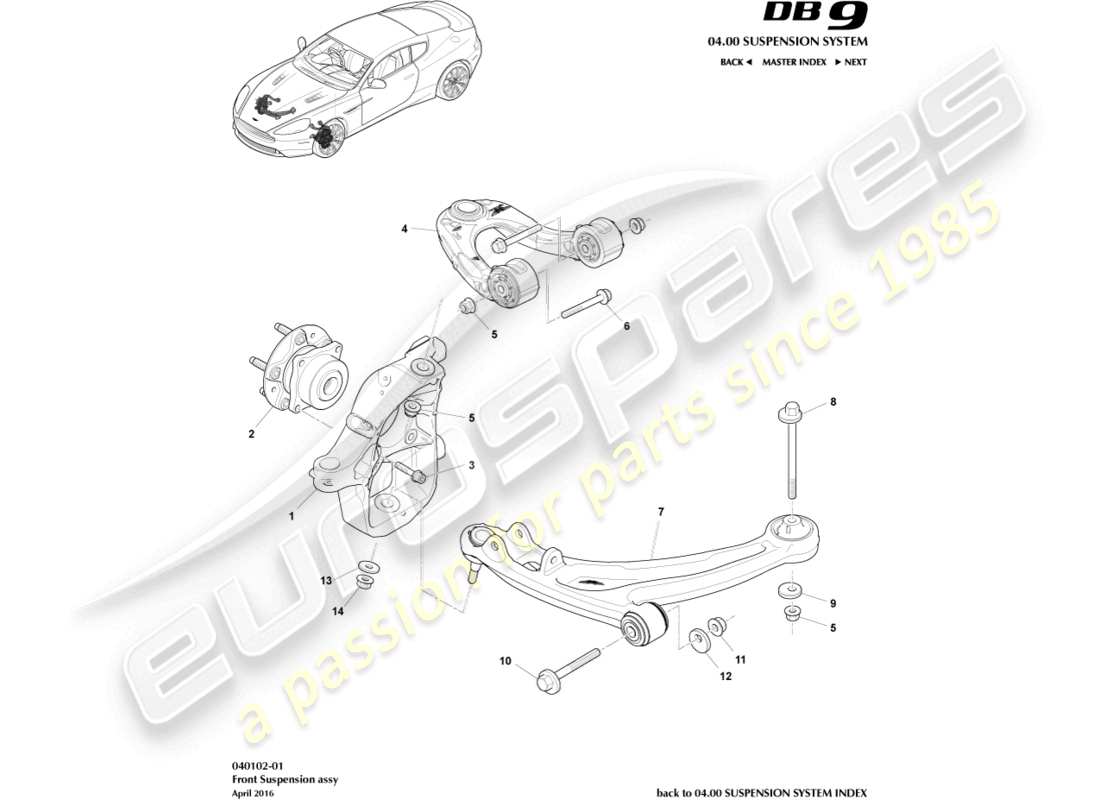 aston martin db9 (2016) schema delle parti del gruppo sospensione anteriore