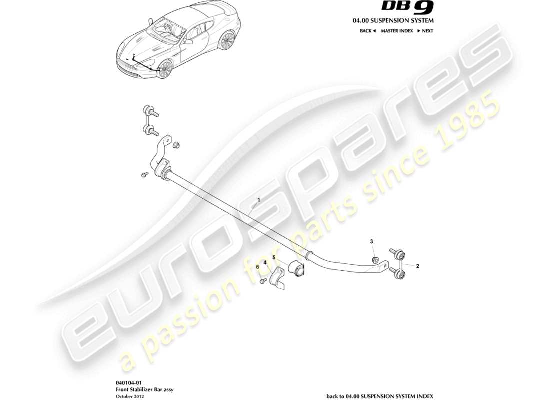 aston martin db9 (2014) diagramma delle parti della barra stabilizzatrice anteriore