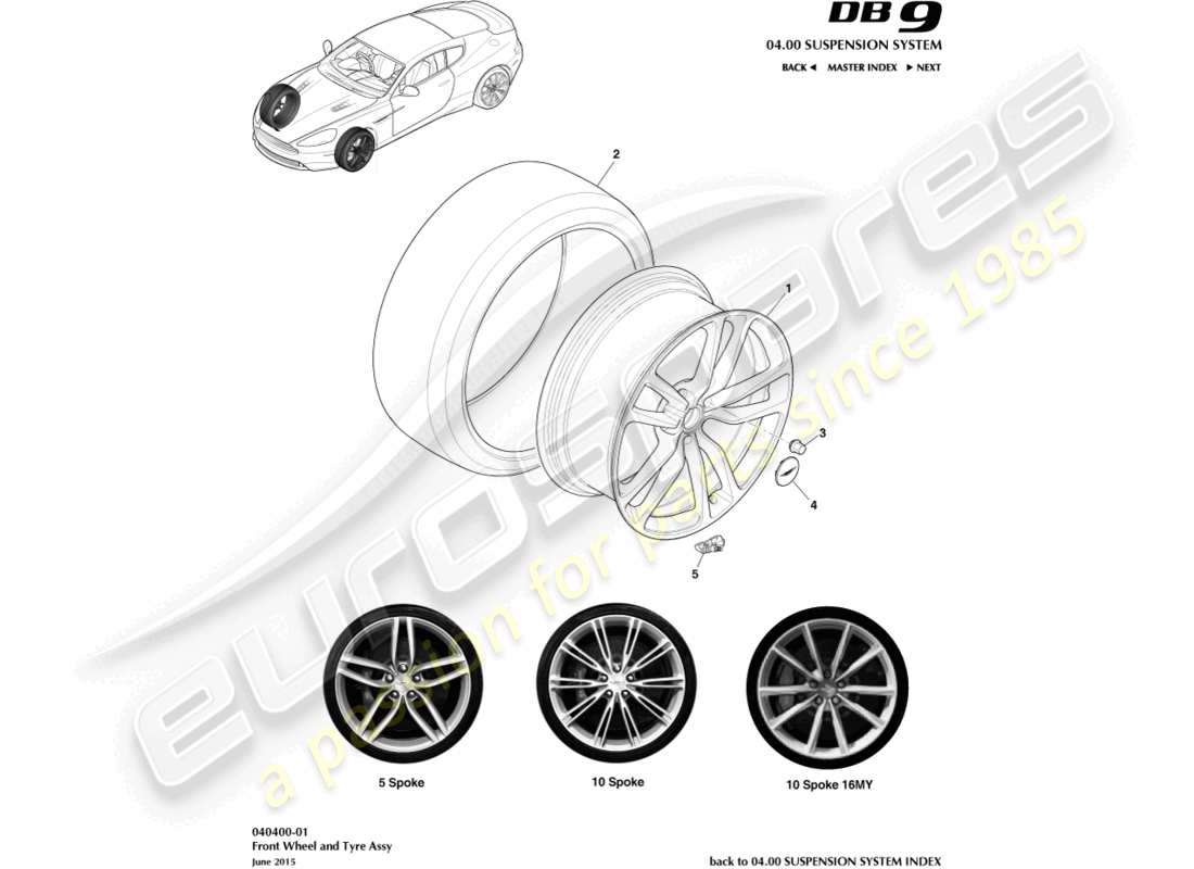 aston martin db9 (2014) ruote e pneumatici, diagramma della parte anteriore