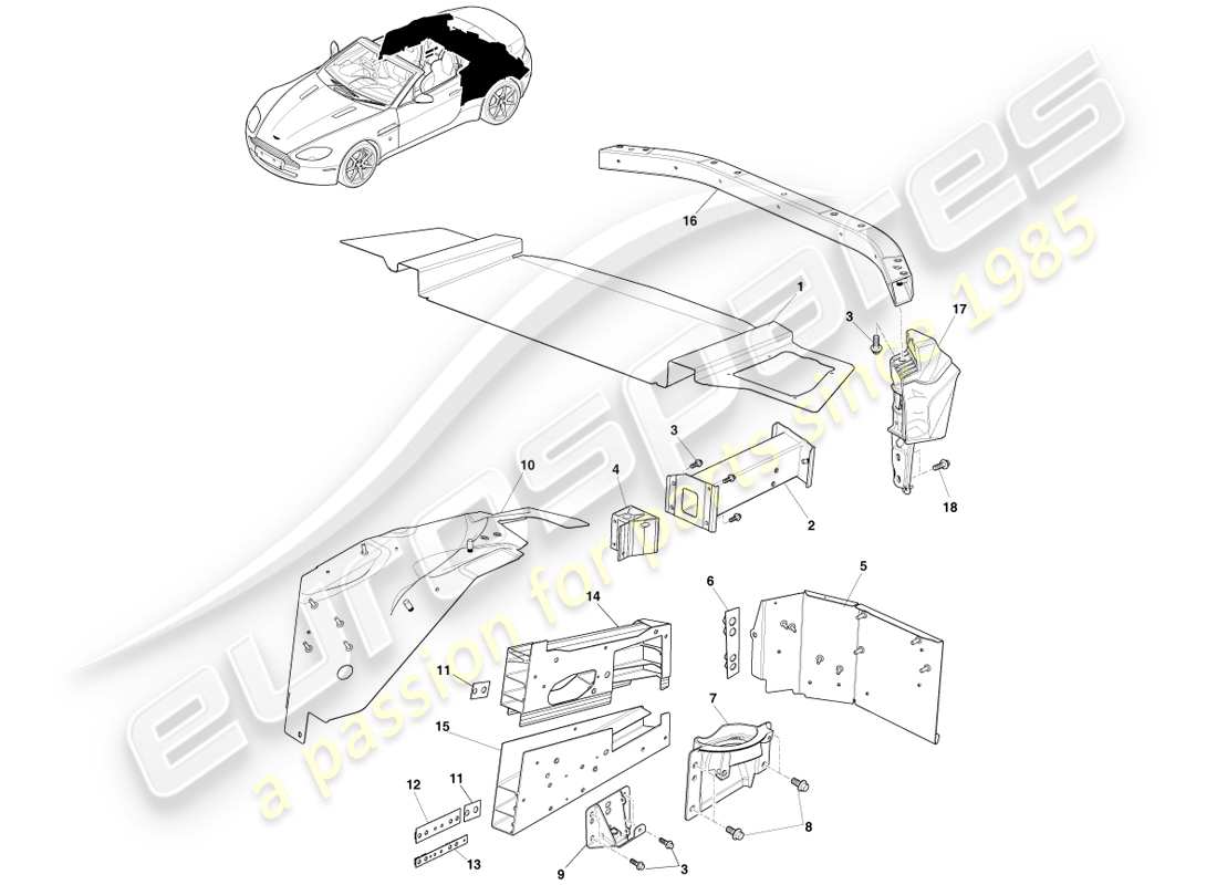 aston martin v8 vantage (2005) parte posteriore della carrozzeria, diagramma delle parti della roadster