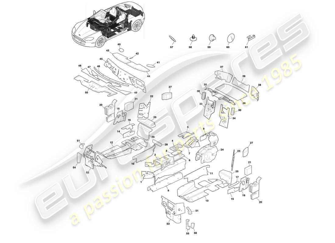 aston martin v8 vantage (2007) isolamento carrozzeria, roadster, diagramma delle parti 14my