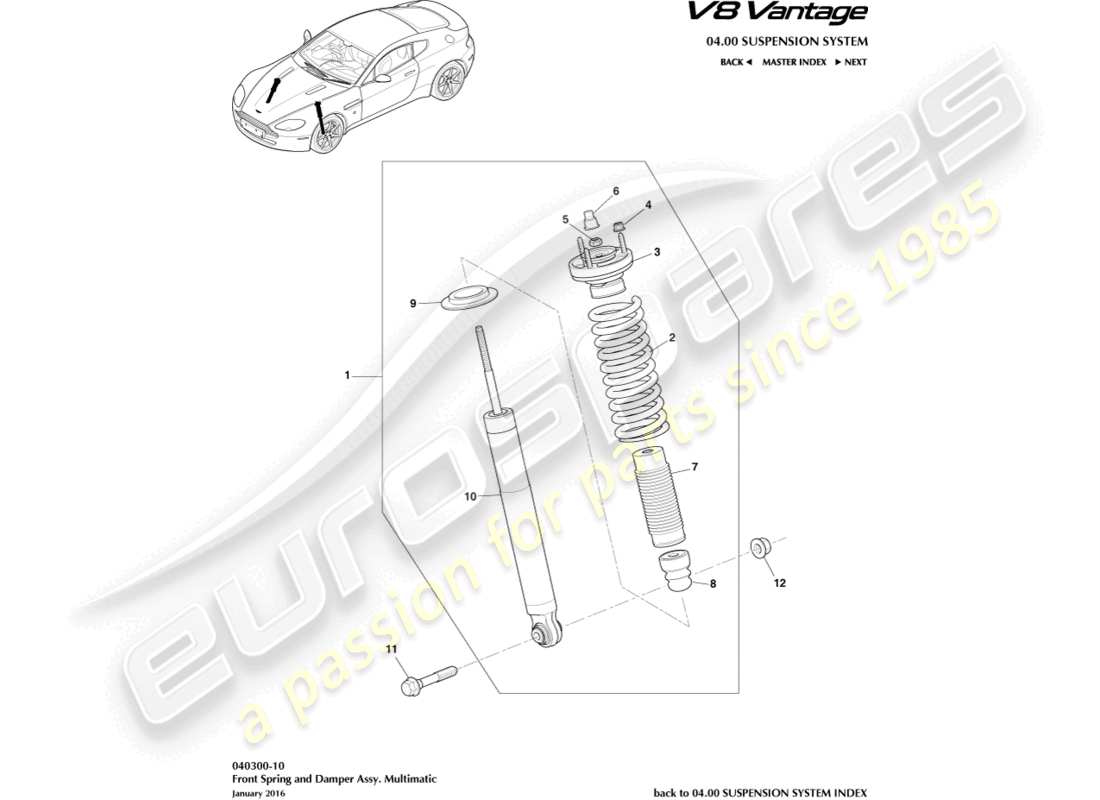 aston martin v8 vantage (2012) molla anteriore e ammortizzatore, diagramma delle parti multimatic