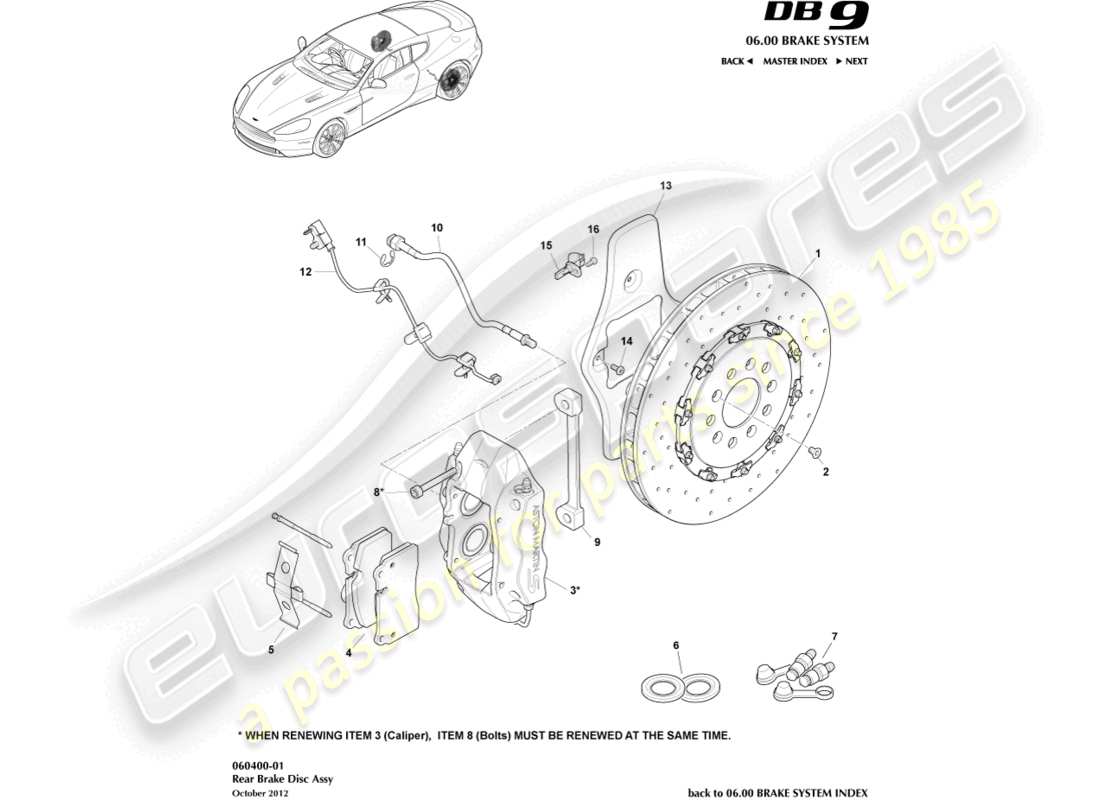 aston martin db9 (2014) schema delle parti del sistema frenante posteriore