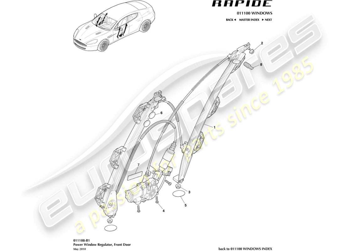 aston martin rapide (2012) schema delle parti del regolatore del finestrino anteriore