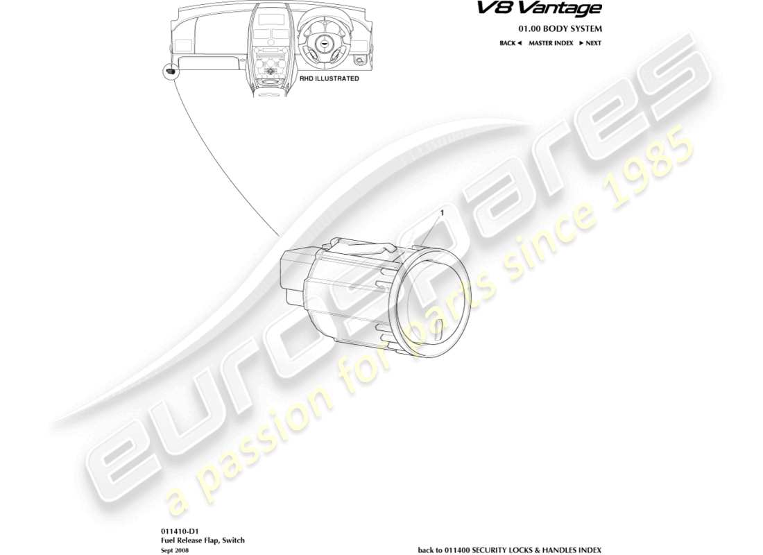 aston martin v8 vantage (2018) diagramma delle parti dell'interruttore di rilascio del bocchettone di rifornimento del carburante