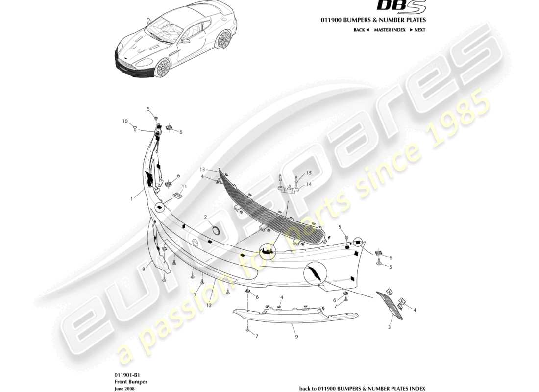aston martin dbs (2007) frontstoßstange teilediagramm