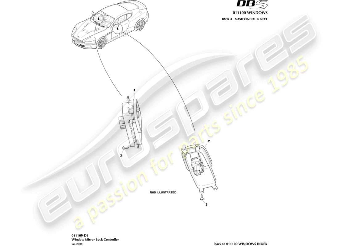aston martin dbs (2007) fenster-/spiegelverriegelungssteuerung teilediagramm