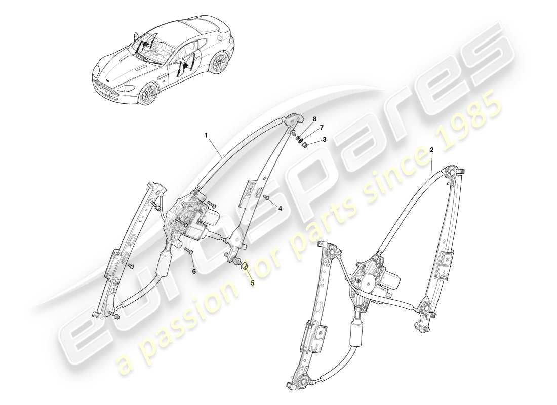 aston martin v8 vantage (2005) diagramma delle parti degli alzacristalli per porte e finestre
