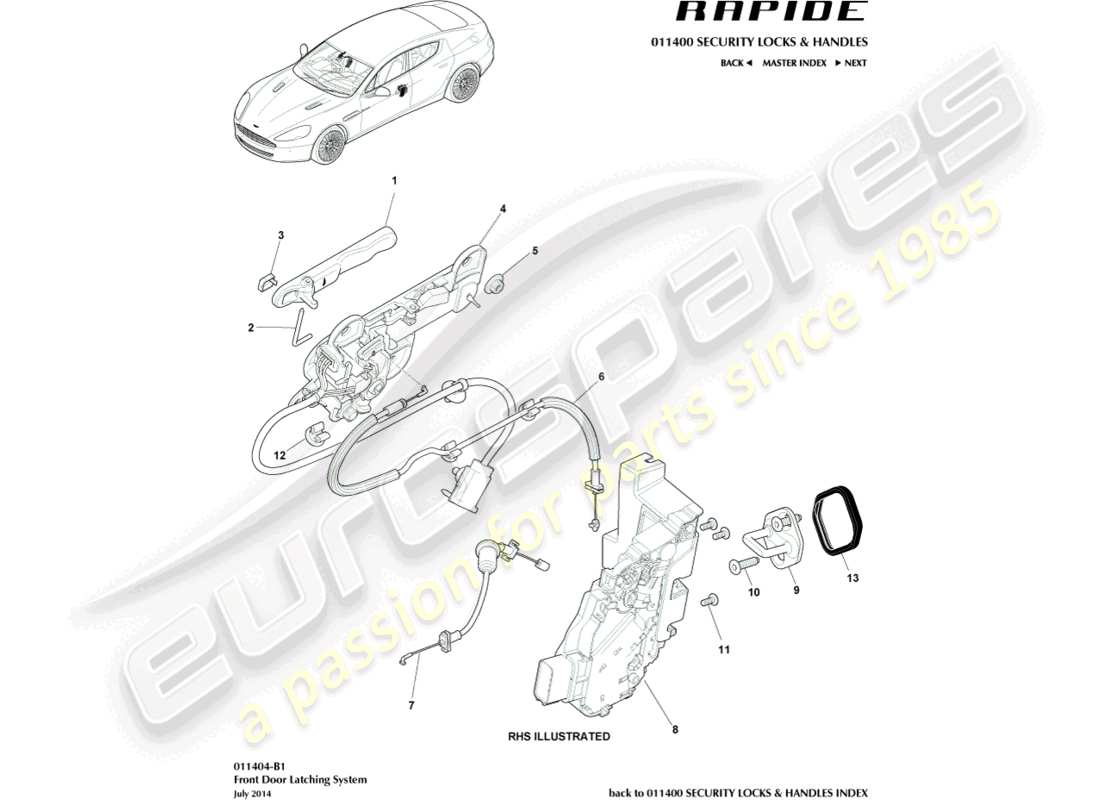 aston martin rapide (2013) chiusura della porta anteriore diagramma delle parti
