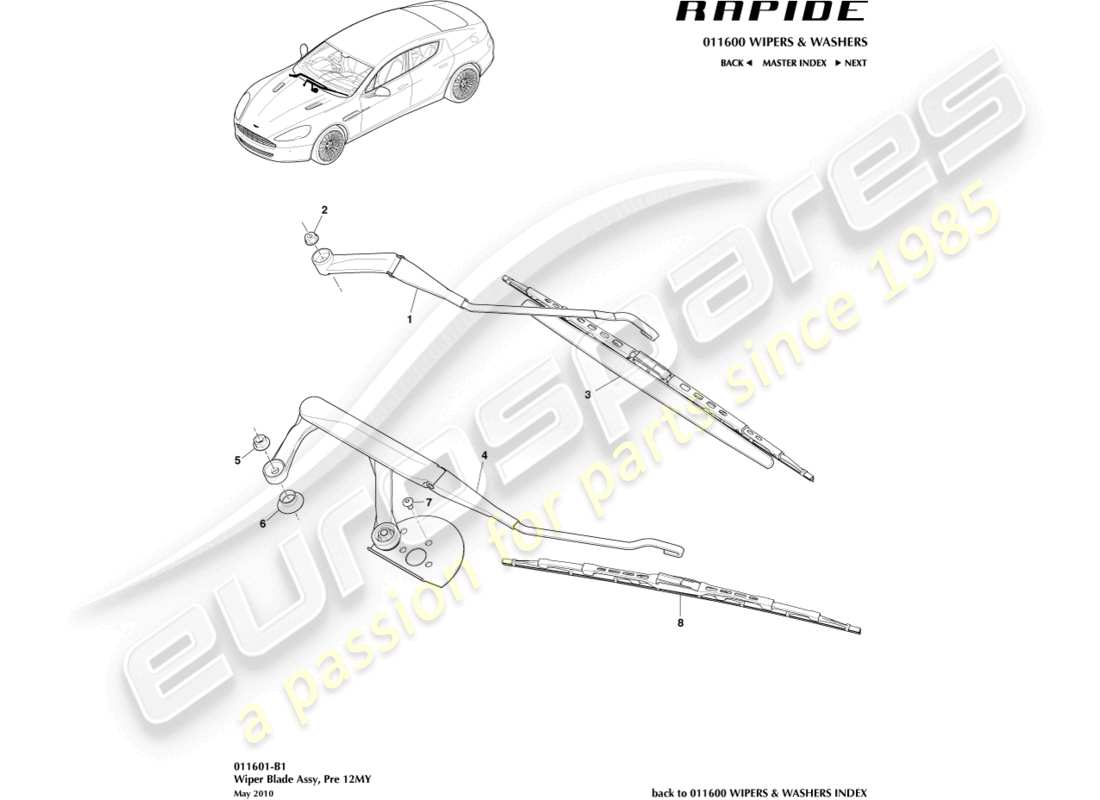 aston martin rapide (2013) wischerblattbaugruppe teilediagramm