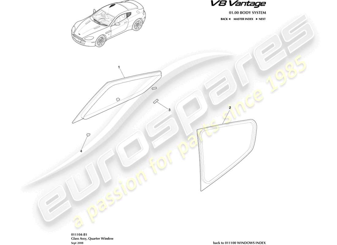 aston martin v8 vantage (2006) vetro del quarto posteriore, diagramma delle parti della coupé