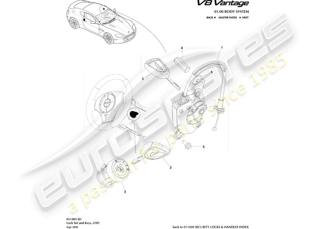 aston martin v8 vantage (2006) set di serrature e chiavi, diagramma delle parti con guida a sinistra