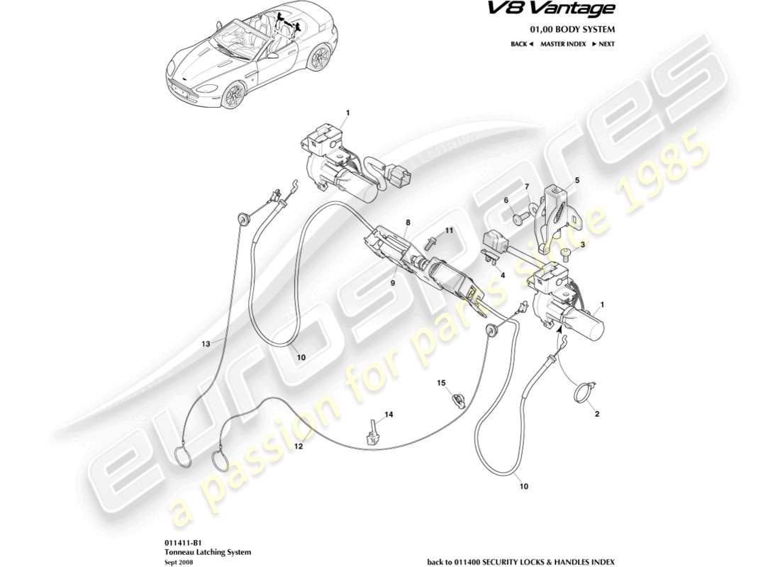 aston martin v8 vantage (2006) diagramma delle parti del sistema di chiusura del tonneau