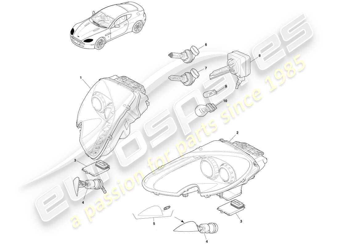 aston martin v8 vantage (2005) diagramma delle parti dei fari
