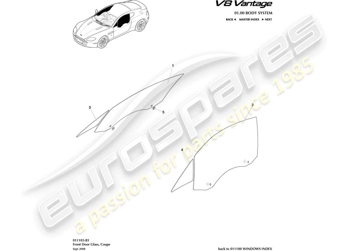 aston martin v8 vantage (2006) vetro della portiera, diagramma delle parti della coupé