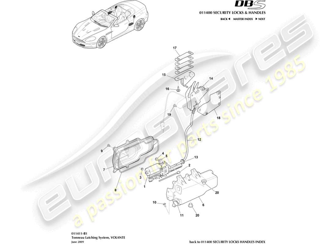 aston martin dbs (2008) sistema di chiusura del tonneau diagramma delle parti