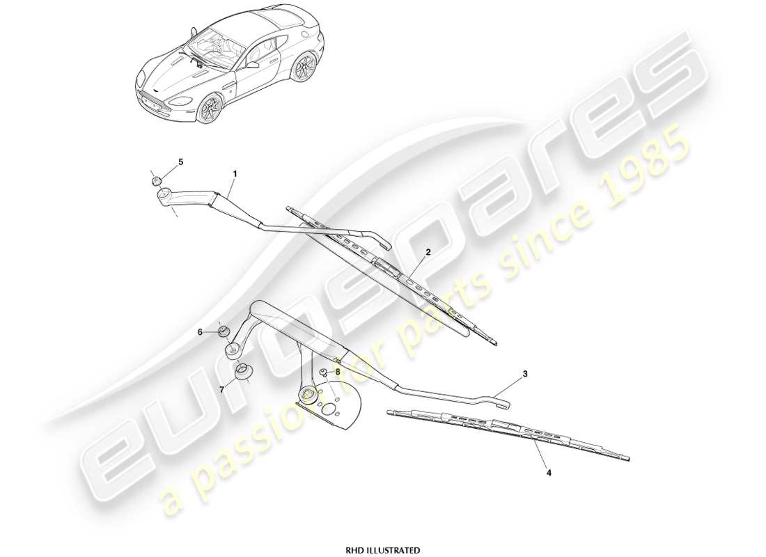 aston martin v8 vantage (2005) schema delle parti del gruppo spazzola tergicristallo
