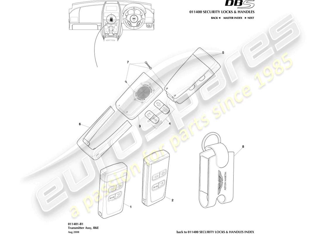 aston martin dbs (2007) trasmettitore, rke diagramma delle parti