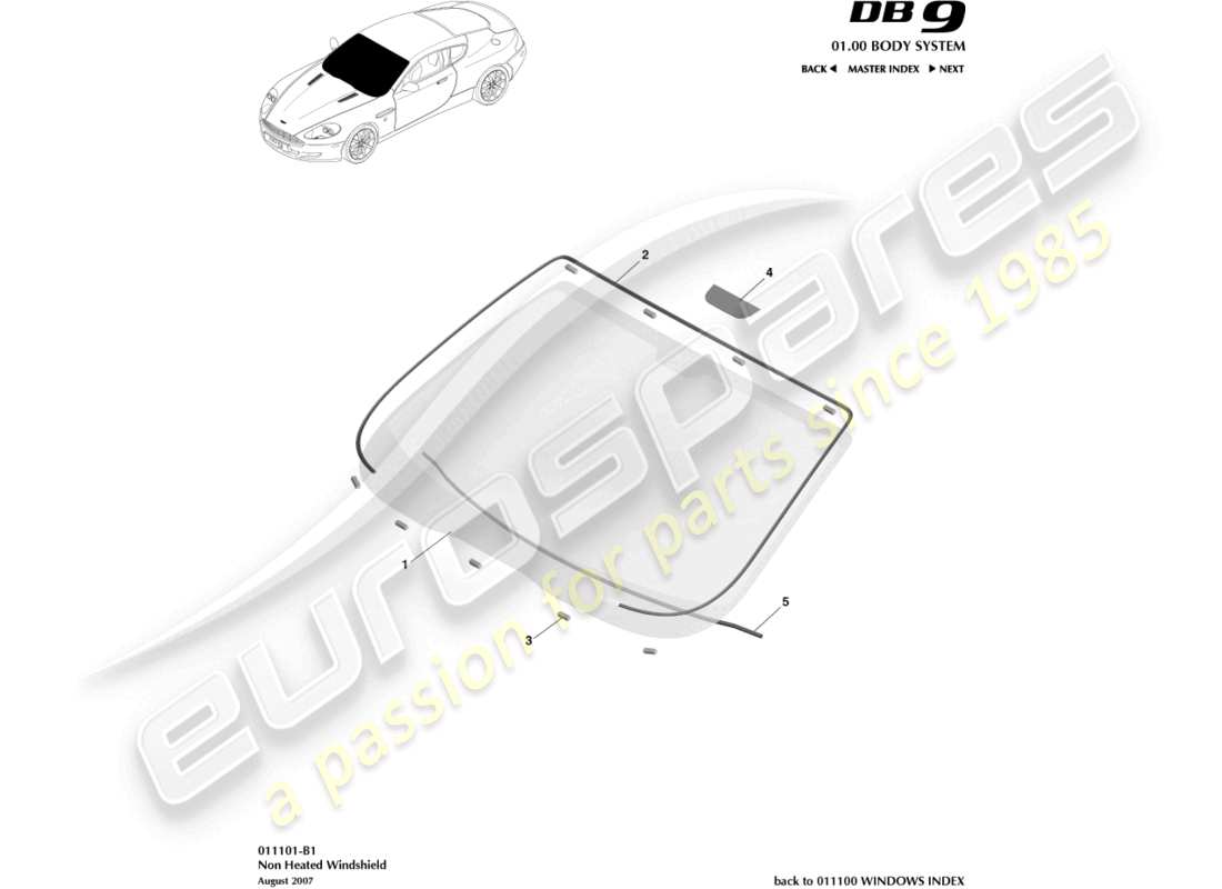 aston martin db9 (2012) windschutzscheibe, nicht beheizt teilediagramm