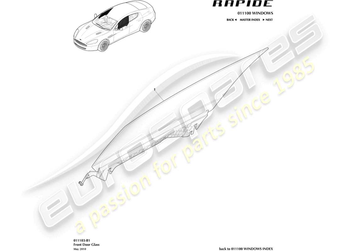 aston martin rapide (2014) vetro della porta anteriore diagramma delle parti