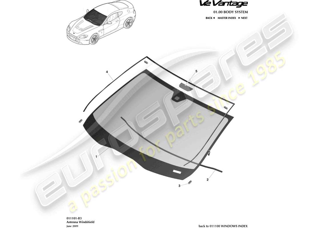 aston martin v12 vantage (2011) schema delle parti del parabrezza