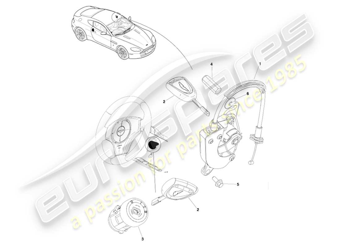 aston martin v8 vantage (2005) set di serrature e chiavi, diagramma delle parti con guida a sinistra