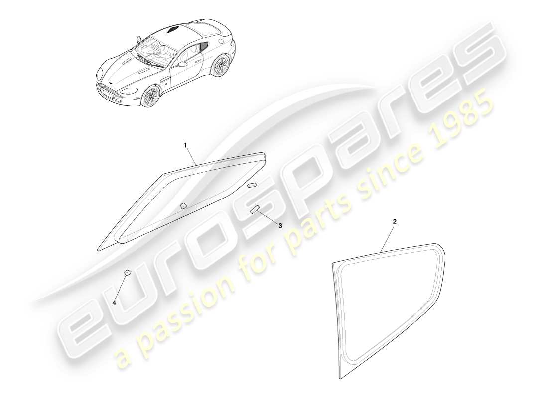 aston martin v8 vantage (2005) vetro del quarto posteriore, diagramma delle parti della coupé