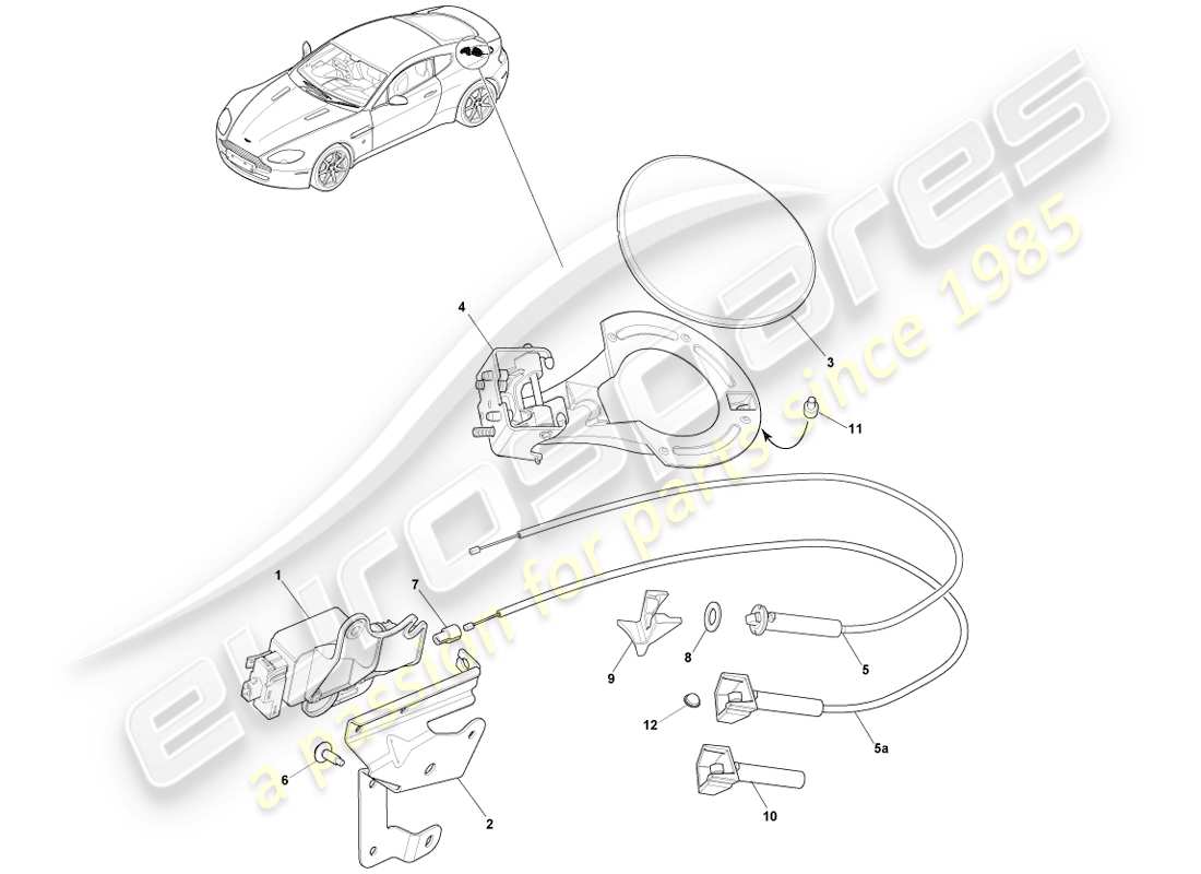 aston martin v8 vantage (2005) meccanismo di rifornimento del carburante, diagramma delle parti della coupé