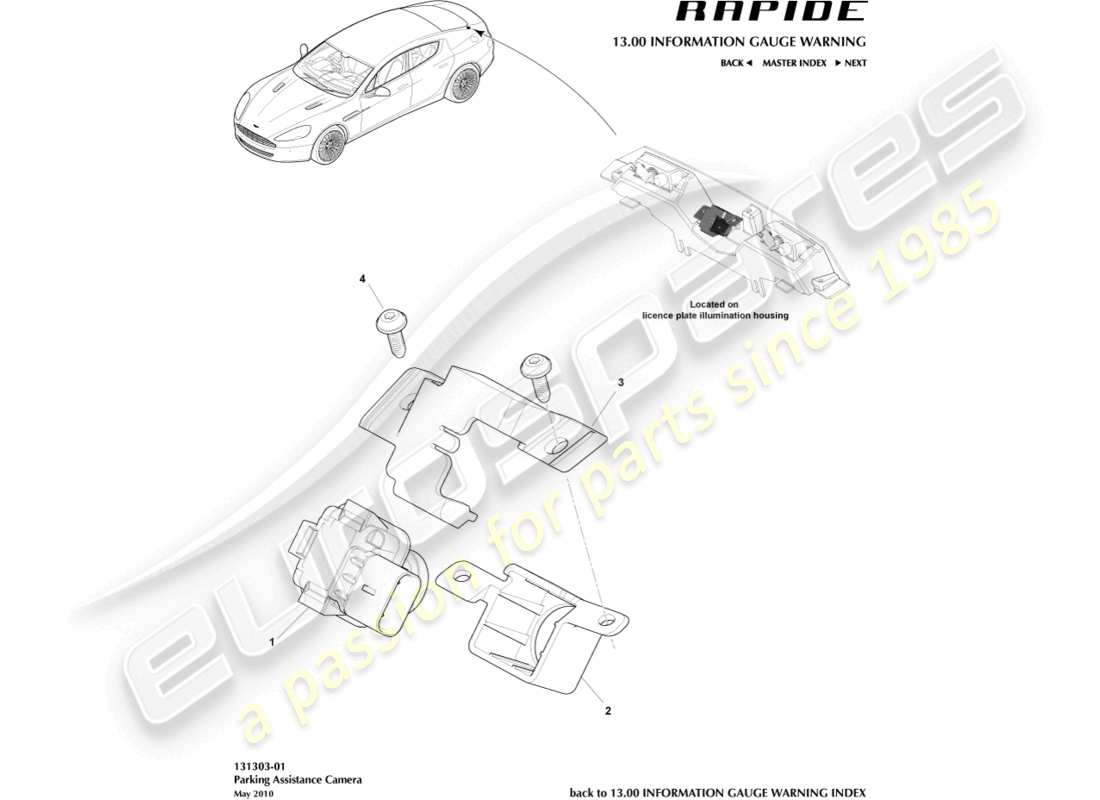 aston martin rapide (2012) diagramma delle parti della telecamera di ausilio al parcheggio