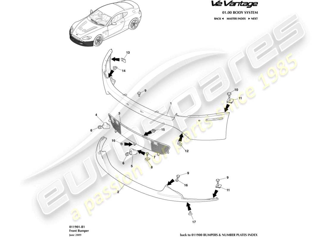 aston martin v12 vantage (2011) schema delle parti paraurti anteriore