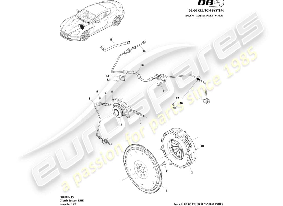 aston martin dbs (2010) kupplungssystem, rhd teilediagramm