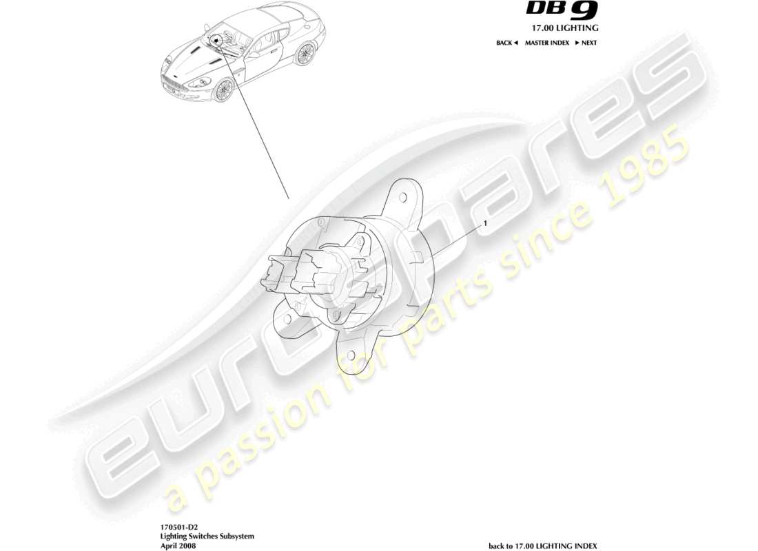 aston martin db9 (2005) diagramma delle parti dell'interruttore di illuminazione