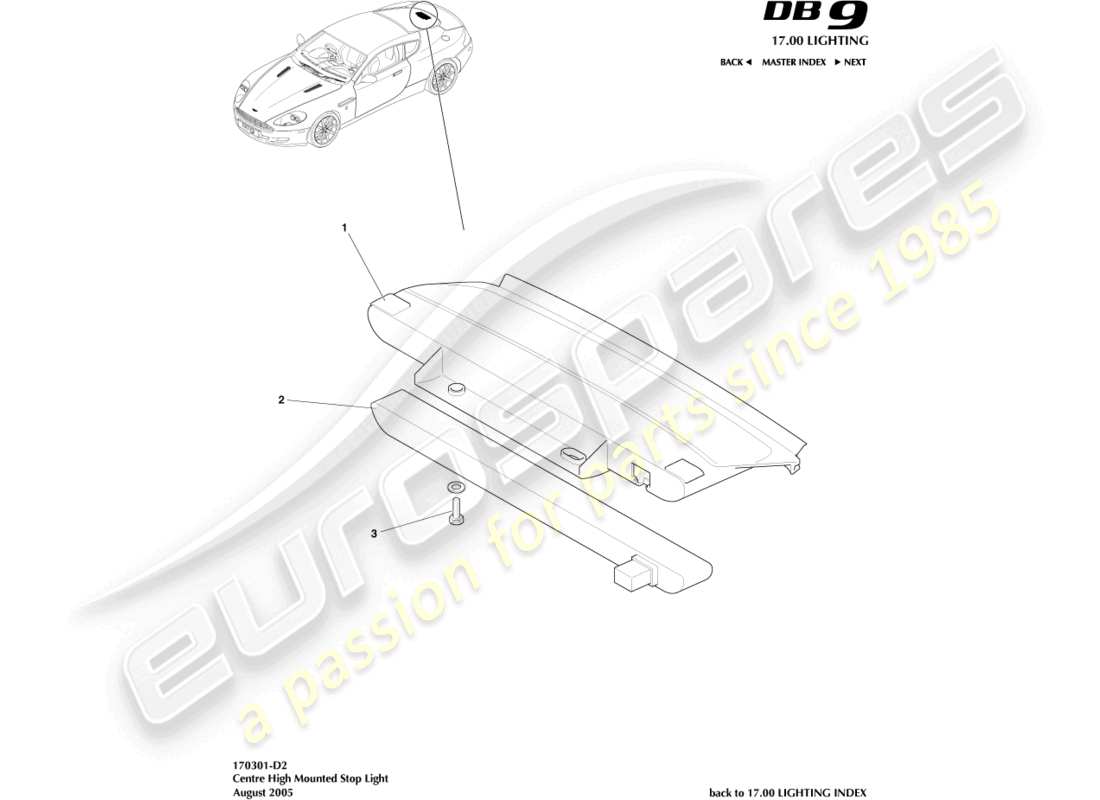 aston martin db9 (2007) luce stop montata in alto, diagramma delle parti coupé